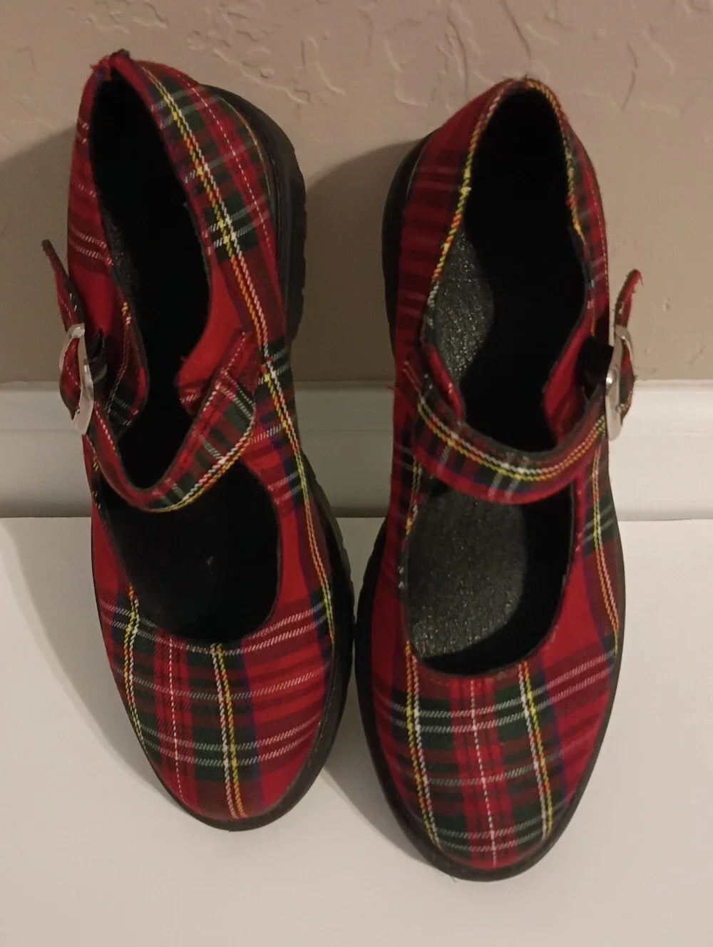 Grunge Y2K Red Plaid Tartan Chunky Mary Jane Platform Shoes Size 7 Buckle Strap